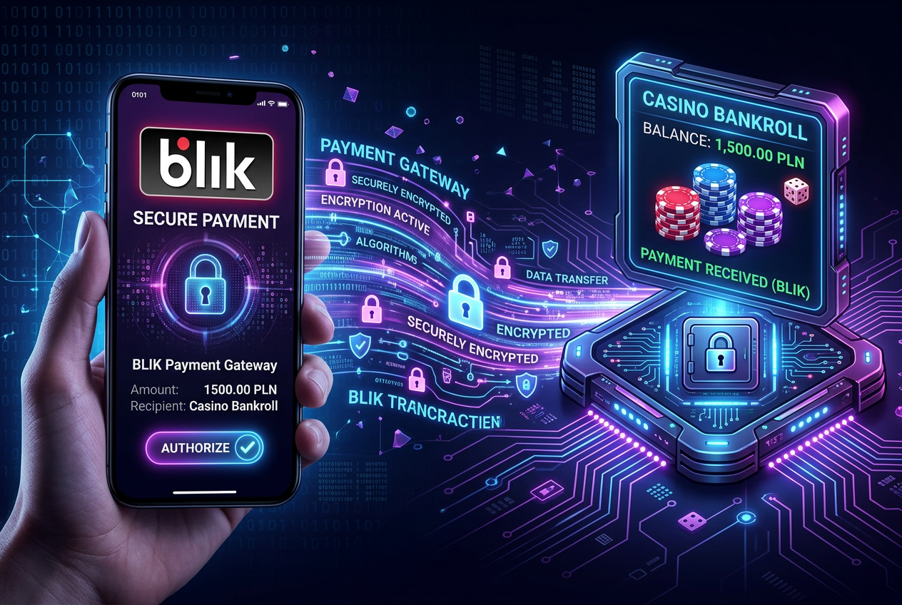 Smartphone interface showing a successful BLIK deposit of 20 PLN into a casino account with security icons