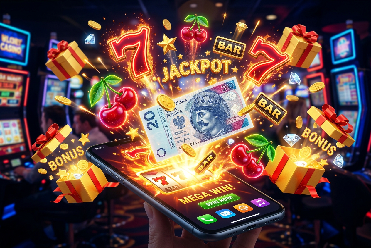 Visual representation of free spins and casino bonuses with a 20 PLN bill