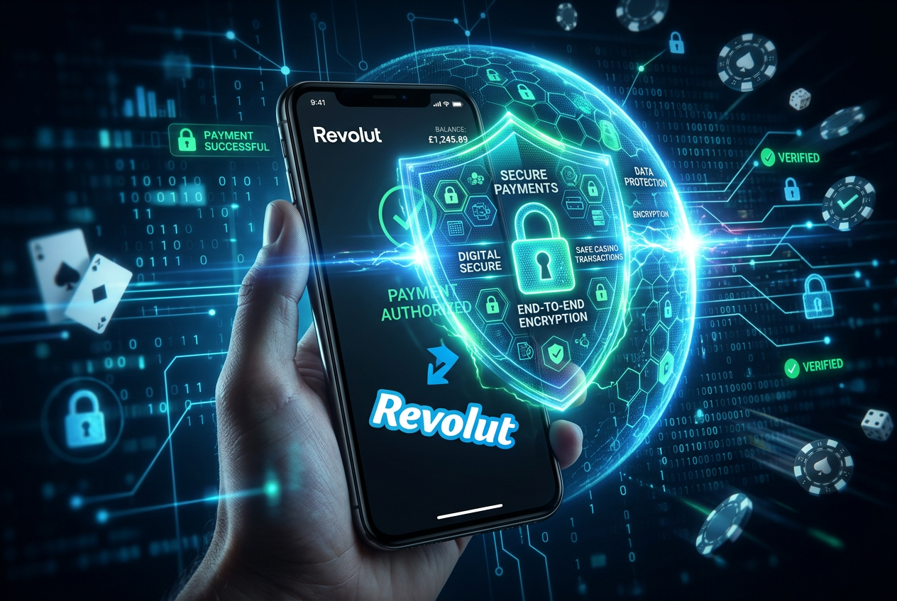 Cyfrowa tarcza zabezpieczająca aplikację Revolut, symbolizująca bezpieczne transakcje online.