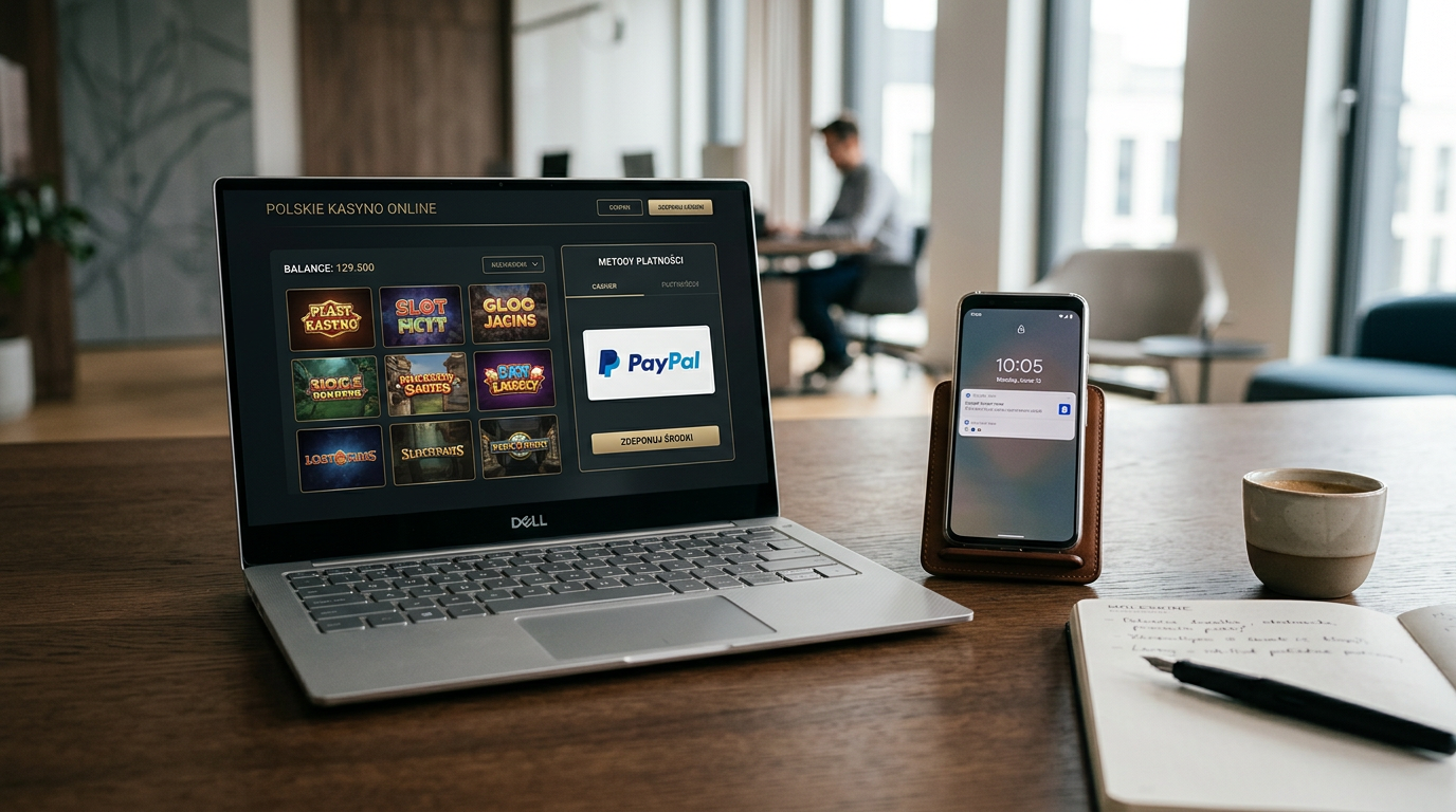 Nowoczesny sprzęt elektroniczny z widocznym logo PayPal i interfejsem kasyna online
