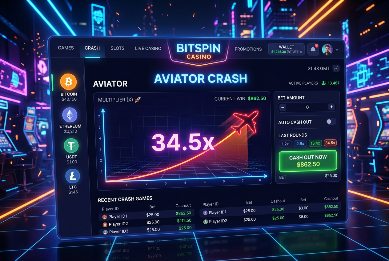 Nowoczesny interfejs kasyna online z grami crash i krypto
