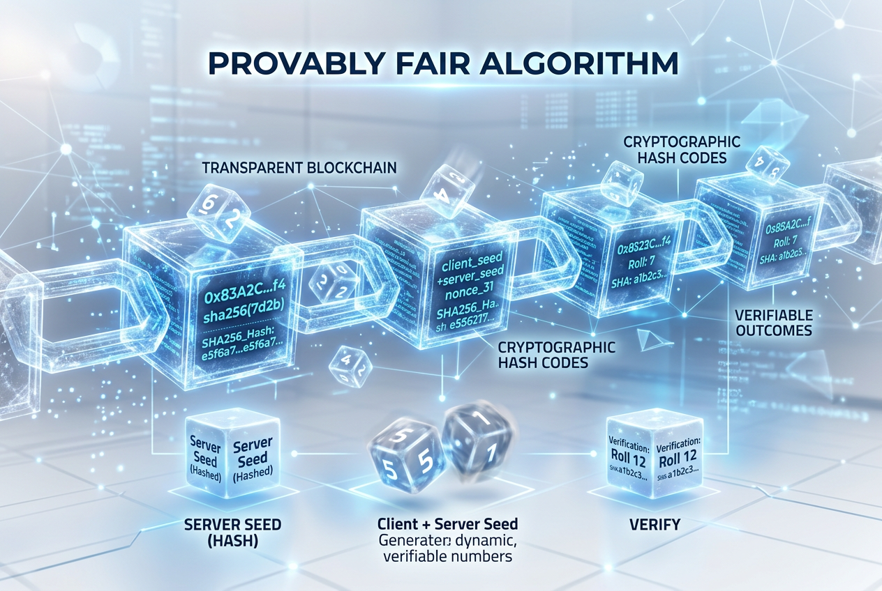 Ilustracja koncepcji Provably Fair z wykorzystaniem kryptografii i blockchain