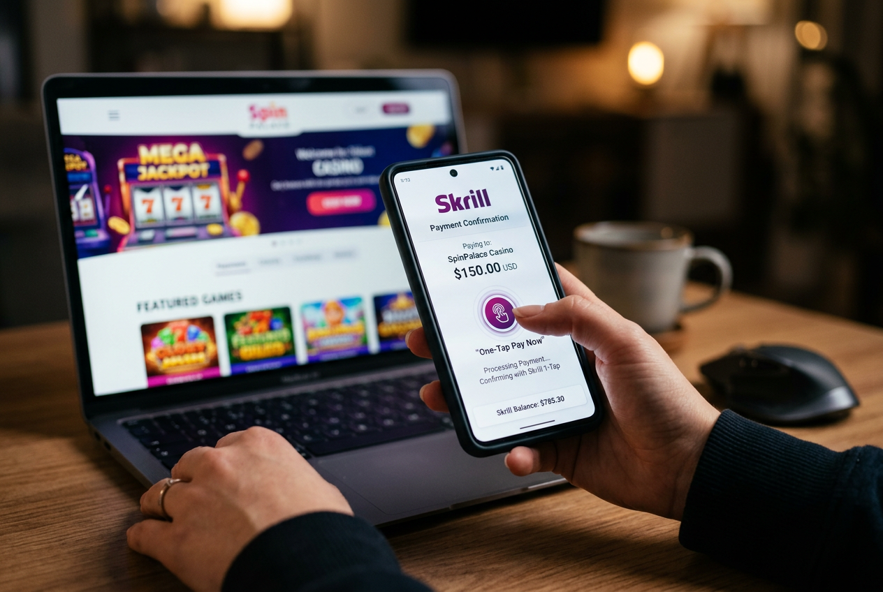 Osoba korzystająca z funkcji Skrill 1-Tap na smartfonie podczas gry w kasynie online